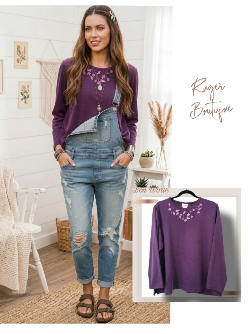 🌿BonWorth Women's Medium Vintage Purple Flower Embroiderd Longsleeve Top